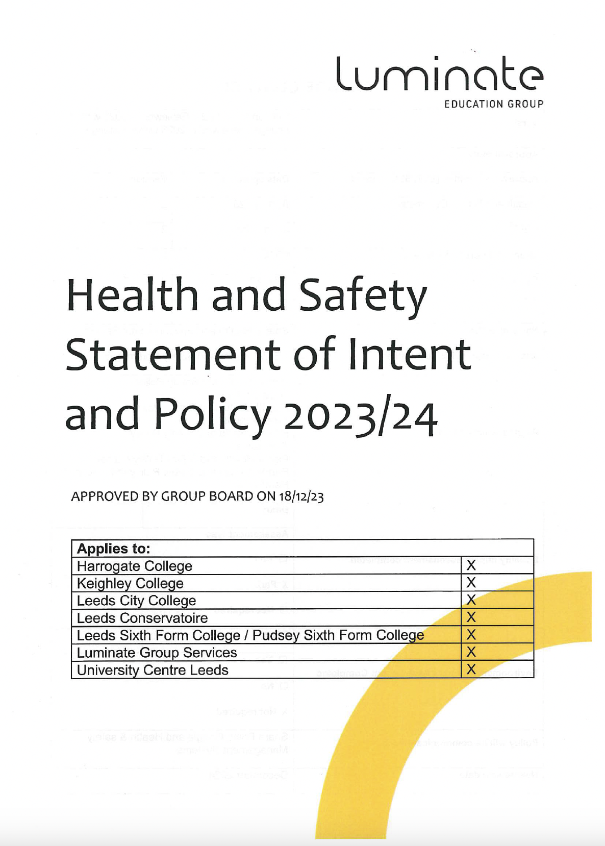 Health & Safety Statement of Intent & Policy 2023/24 cover