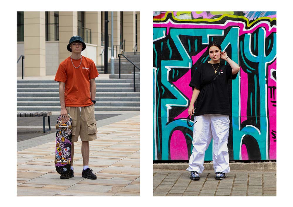 Photography by Creative Arts student Jess Saxton of two separate shots showing two different students stood out in the street, one by graffiti and one with a skateboard