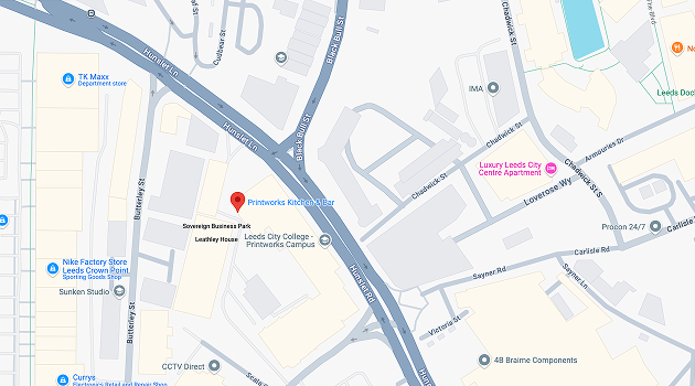 Map with a red drop pin showing location of Printworks Kitchen and Bar in Leeds
