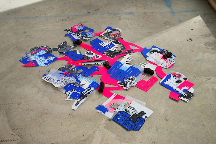 A mosaic of city type buildings in a minimalist/comic style