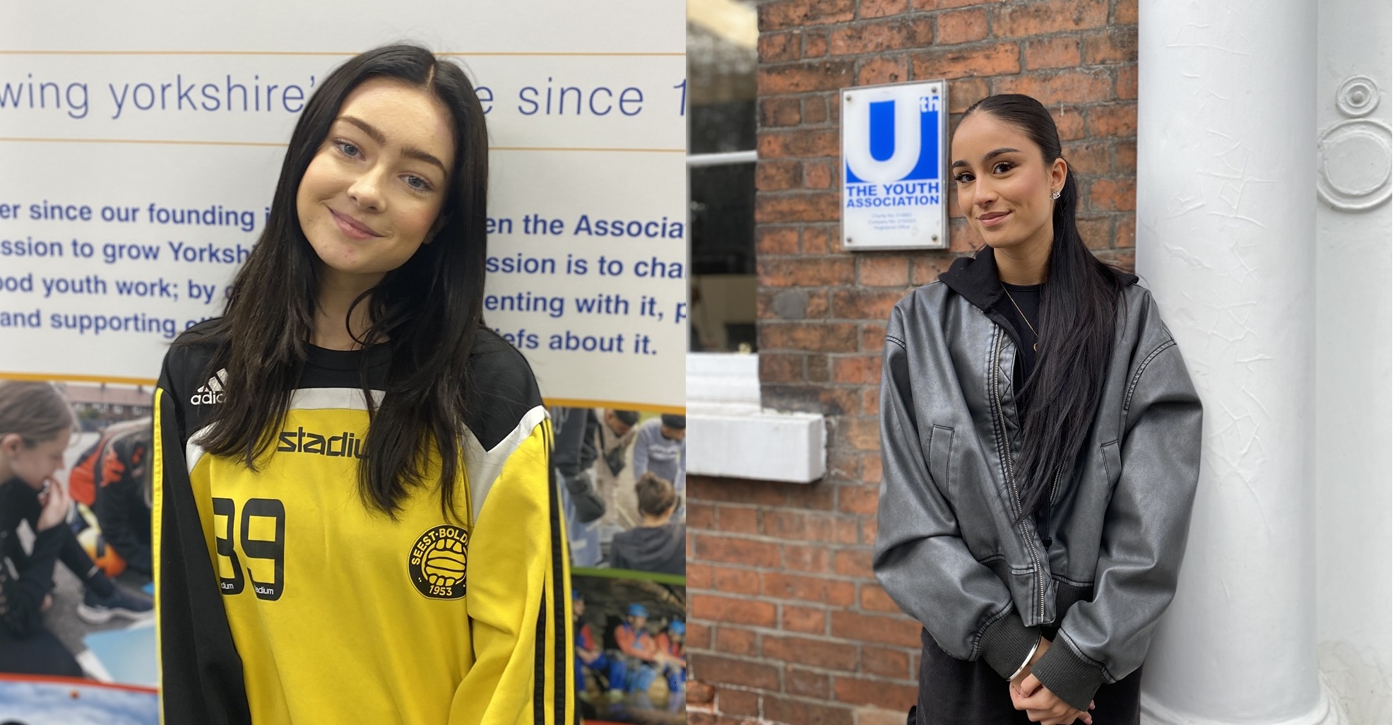 Former Leeds City College students Emma Burke and India Chahal, now Youth Trustees with The Youth Association, standing beside the charity's sign
