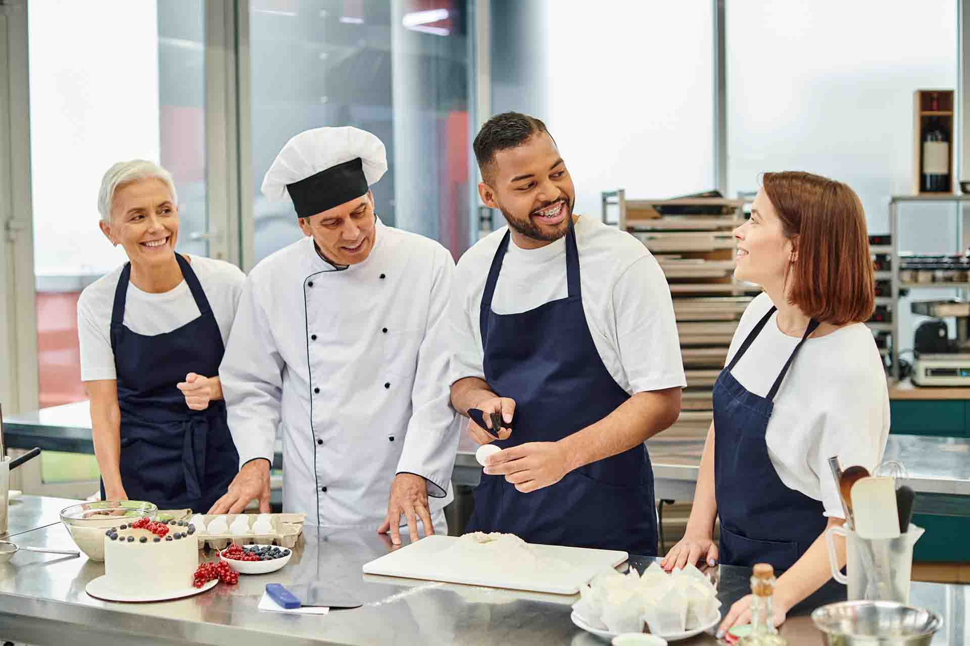 Four culinary students and a chef wearing aprons standing around a stainless steel kitchen counter, smiling and preparing food together