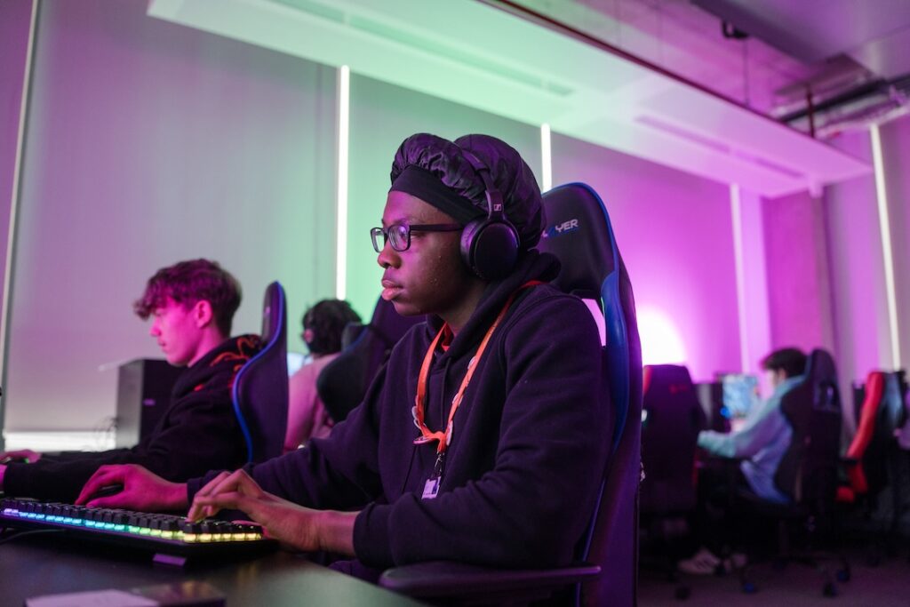 A team of games students practicing